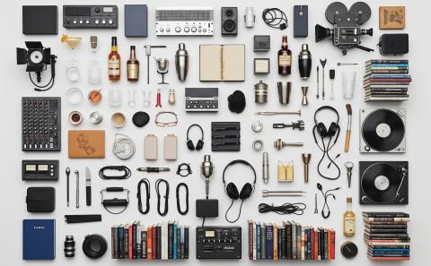 Knolling image of audio, movie, cocktail, and book images