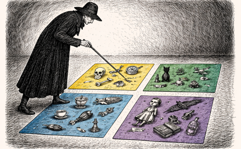 A dark figure sorting eerie objects into colored boxes